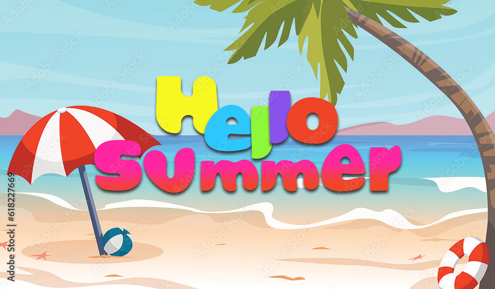 Wall mural hello summer. illustration of tropical beach umbrella, ball and palm near sea. banner design