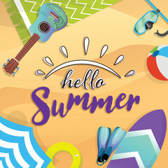 Hello summer. Illustration of beach accessories and water sports equipment on sand, top view