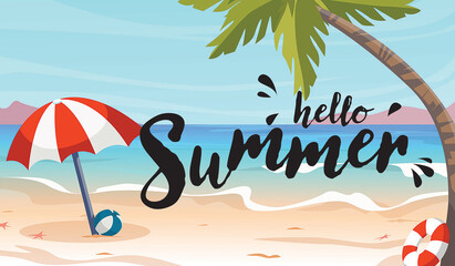 Hello summer. Illustration of tropical beach umbrella, ball and palm near sea. Banner design