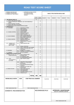 Road test score sheet with empty fields