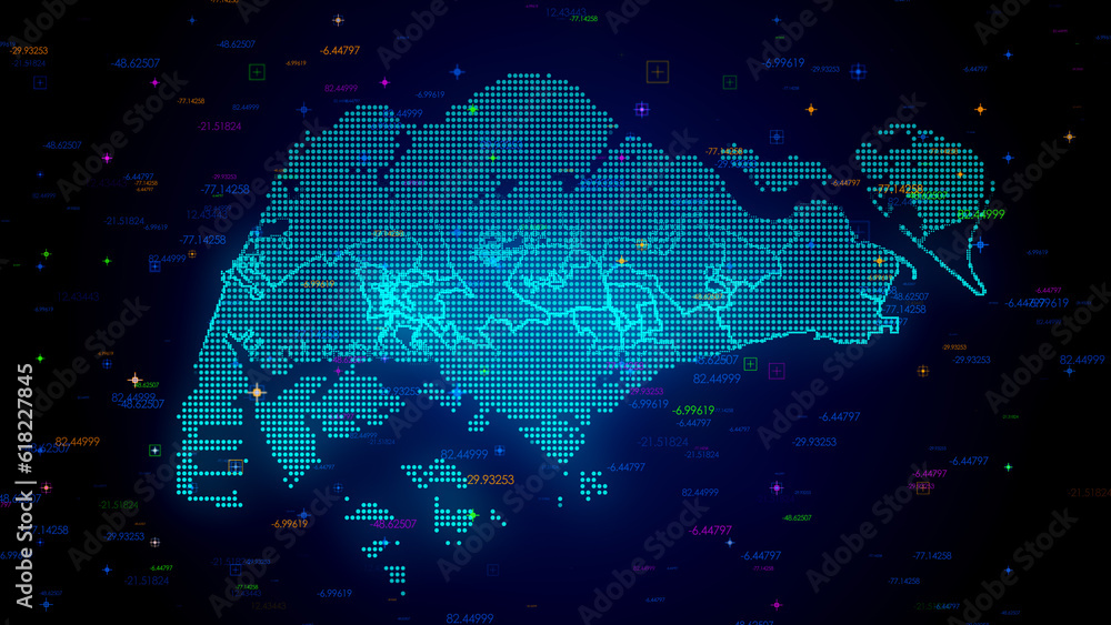 Poster futuristic blue colorful shiny digital technology hud dots mosaic grid singapore map light scanning 