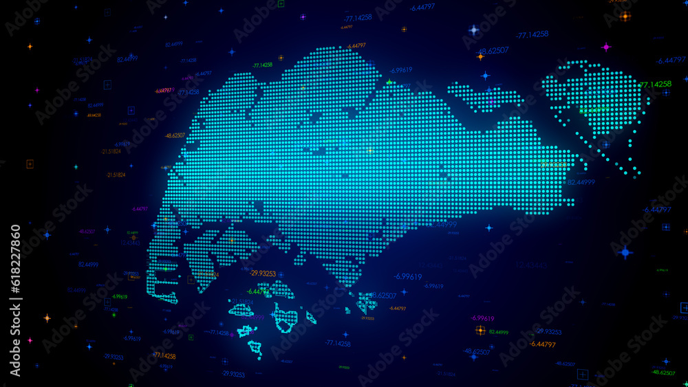 Poster futuristic blue colorful shiny digital technology hud dots mosaic grid singapore map perspective vie