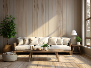 Farmhouse Style Living Room Interior Wall Mockup, Mockups Design 3D, High-quality Mockups, Generative Ai
