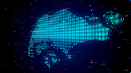 Futuristic Blue Colorful Shiny Digital Technology Hud Dots Mosaic Grid Singapore Map Perspective View With Numeric Tech Particles Background
