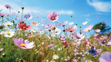 Obraz na płótnie Canvas Colorful cosmos flower meadow in spring with blue sky.Generative Ai.