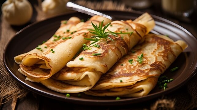 Pancakes. Yellow stuffed pancakes with mushrooms and sour cream. light background. Beautiful and delicious breakfast at home or in a cafe. Concept: Maslenitsa menu. Slavic carnival. Generative AI
