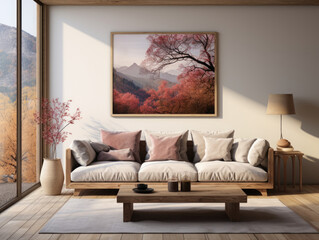 Mock Up poster in warm Scandinavian Style Living Room, Mockups Design 3D, High-quality Mockups, Generative Ai