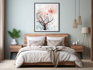 Mockup frame close up in bedroom interior background, Mockups Design 3D, High-quality Mockups, Generative Ai