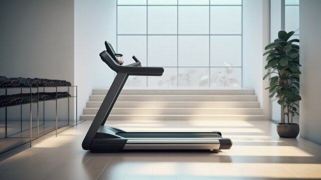 Treadmill in white room with dumbbell rack.3d rendering