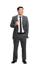 Businessman in suit with cup of drink on white background
