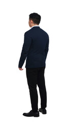 Businessman in suit posing on white background, back view