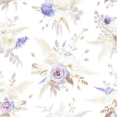 Obraz na płótnie Canvas Modern beige and violet trendy vector design seamless pattern. Pastel dried pampas grass, magnolia