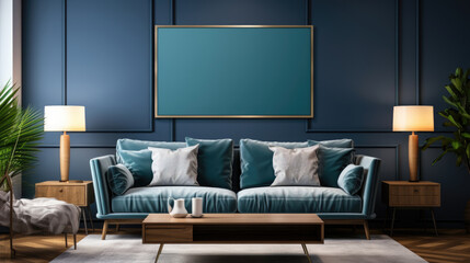 Poster Frame mockup in Dark Blue Bedroom Interior , Mockups Design 3D, High-quality Mockups, Generative Ai