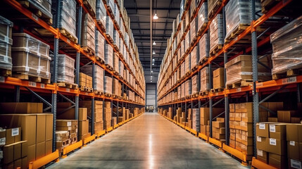 Warehouse of modern logistics with rows of tall shelves full of boxes and products,Huge distribution warehouse.Generative Ai.