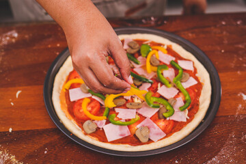 Top view, Chef making pizza, Italian food. fast food concept