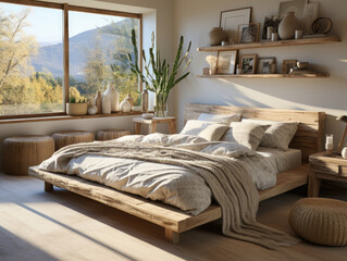 Scandi-boho style bedroom , Mockups Design 3D, High-quality Mockups, Generative Ai
