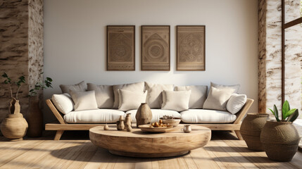 Fototapeta na wymiar Scandi-Boho Style Living Room Interior Wall Mockup 3d , Mockups Design 3D, High-quality Mockups, Generative Ai