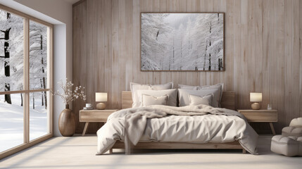 Scandinavian farmhouse bedroom interior wall mockup, Mockups Design 3D, High-quality Mockups, Generative Ai