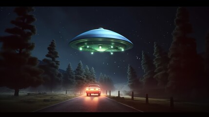 UFO flying with alien and abduct a car at night.3d rendering