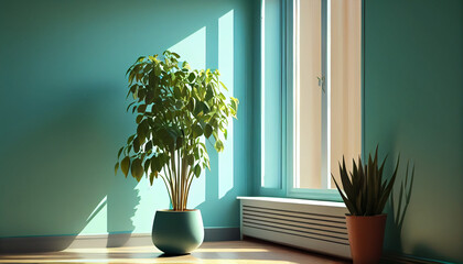 Peaceful interior background with soft teal walls and potted plant. Sun rays streaming through windows. Wallpaper Ai generated image