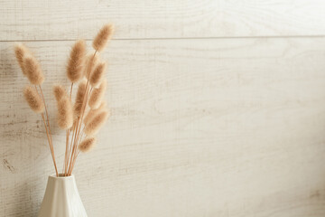 フワフワの植物　花瓶にドライフラワー　ナチュラルなベージュ色の秋の背景素材