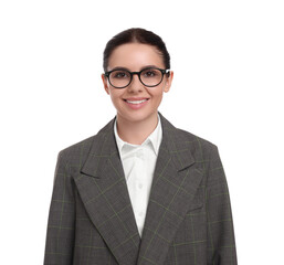 Beautiful young businesswoman in suit on white background