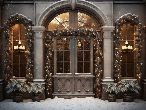 scenografico ingresso natalizio con addobbi e lucine magiche, ghirlande, alberi di Natale e pruzzi di neve , toni beige , colonne vittoriane, 