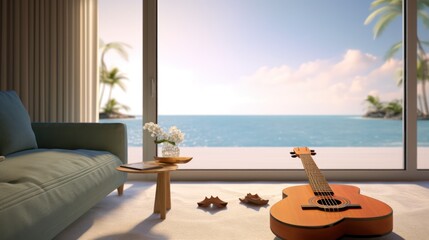 Obraz premium ukulele in living room with sea view.3d rendering