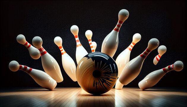 Picture of bowling ball hitting pins scoring a stage Ai generated image