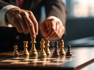 Businessman moves chess pieces in tournament, business concept.Generative Ai.