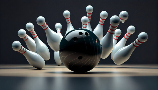 Picture of bowling ball hitting pins scoring a stage Ai generated image