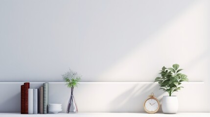 White shelf with decoration objects and blank white wall background.3d rendering