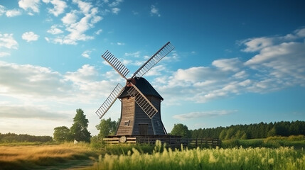 Plakat Windmill turbines in the green field with blue sky.Generative Ai.