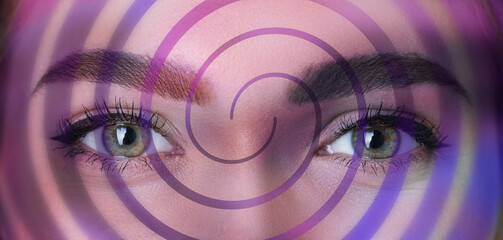 Hypnosis and therapy. Swirl over young woman's face, closeup. Collage design