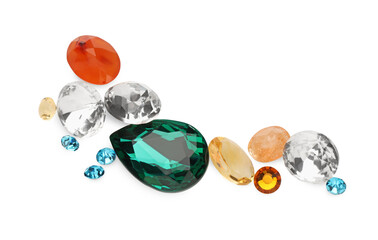 Different beautiful gemstones for jewelry isolated on white, top view