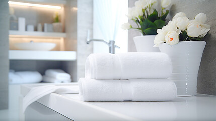 Modern white towels in the bathroom.Generative Ai.