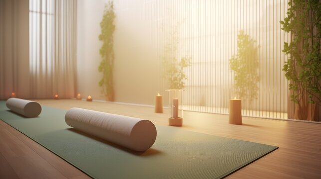 Yoga mats in yoga room with plant,scented candle and white curtain background.3d rendering