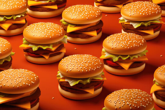 Wallpaper with a bunch of burgers on orange background. Lots of tasty burgers, yummy screen saver. Fast food backdrop. Generative AI 3d render illustration cartoon style.