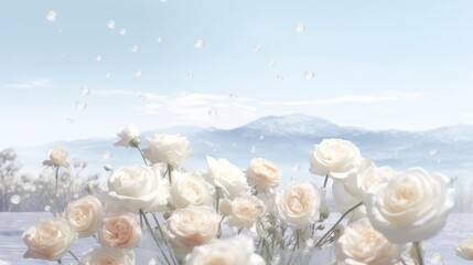Fototapeta na wymiar Pile of white roses in snow