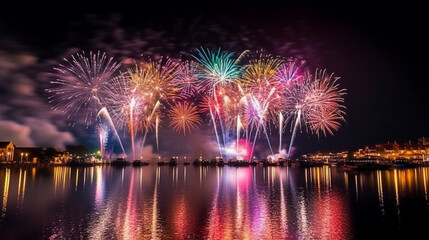 Fototapeta na wymiar Beautiful colorful firework display for celebration on the night.Generative Ai.