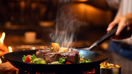 Chef standing close up cooking steak in the kitchen .Generative Ai.