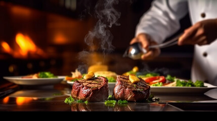Naklejka premium Chef standing close up cooking steak in the kitchen .Generative Ai.