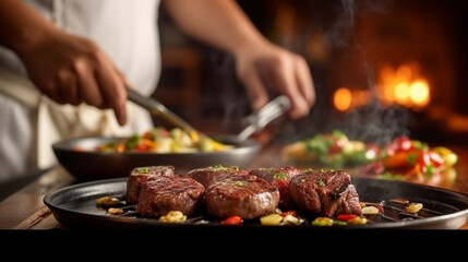 Chef standing close up cooking steak in the kitchen .Generative Ai.