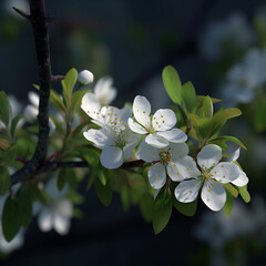 Abstract background. Blossoming branches of an apple tree on a dark background.