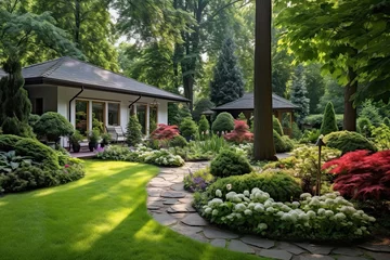 Foto op Aluminium Beautiful Landscaping in Home Garden: Residential Landscape Design in Backyard © Serhii
