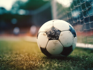 Fototapeta premium Focus on the soccer ball hitting the goal.Generative Ai.