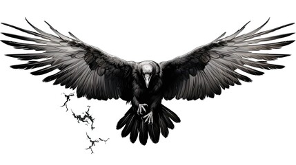 Obraz premium Black and White Illustration of a Raven Bird in Flight, Isolated on White Background. Detailed Drawing with Feathers for Tattoo Design: Generative AI