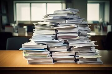 Big Messy Stack of Papers: A Pile of Print Documents and Work Paperwork on Desk Up in a File Heap. Generative AI