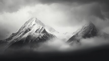 Black and White Monochrome Mountain Landscape. Beautiful Abstract Peak in Tatry Nature with Decorative, Artistic Style. Generative AI