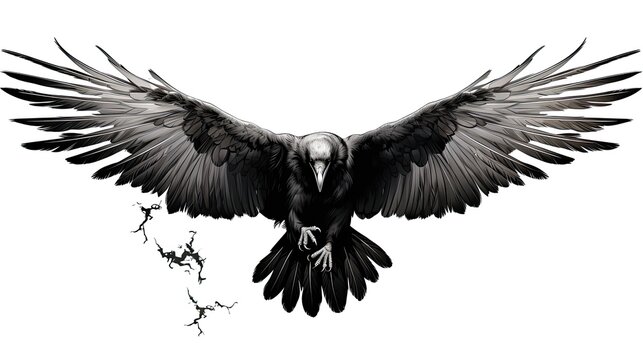 Black and White Illustration of a Raven Bird in Flight, Isolated on White Background. Detailed Drawing with Feathers for Tattoo Design: Generative AI